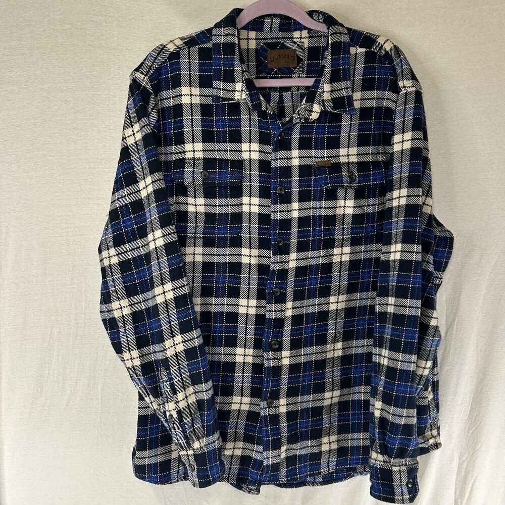 Orvis Flannel Shacket Shirt Jacket Men’s XXL Blue Plaid Pockets Thick Heavy